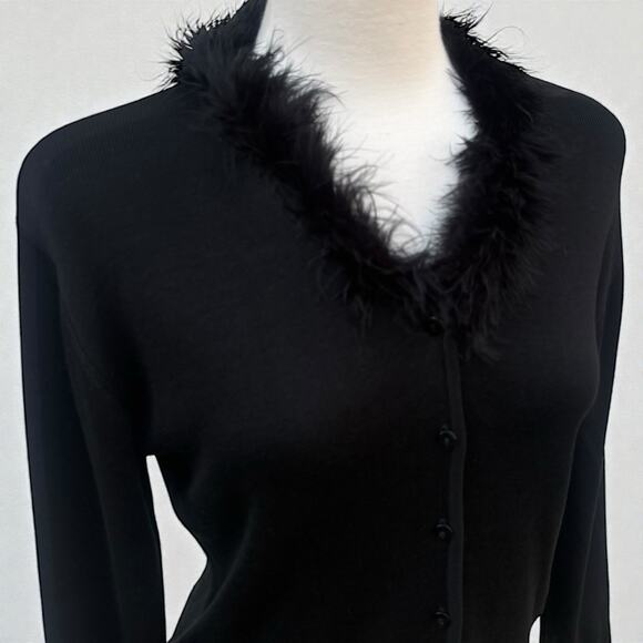 VTG Y2K Clio Cardigan Top L Silk Blend Black Feather Neckline Whimsigoth Witchy - Picture 1 of 9